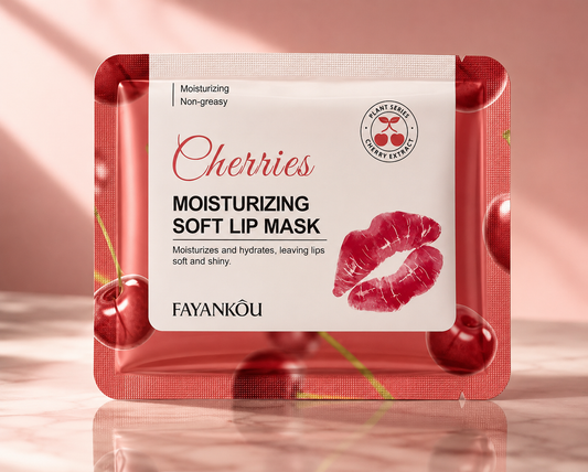 CherryKiss Cherry Lip Mask - Single sachet close up with cherry backdrop