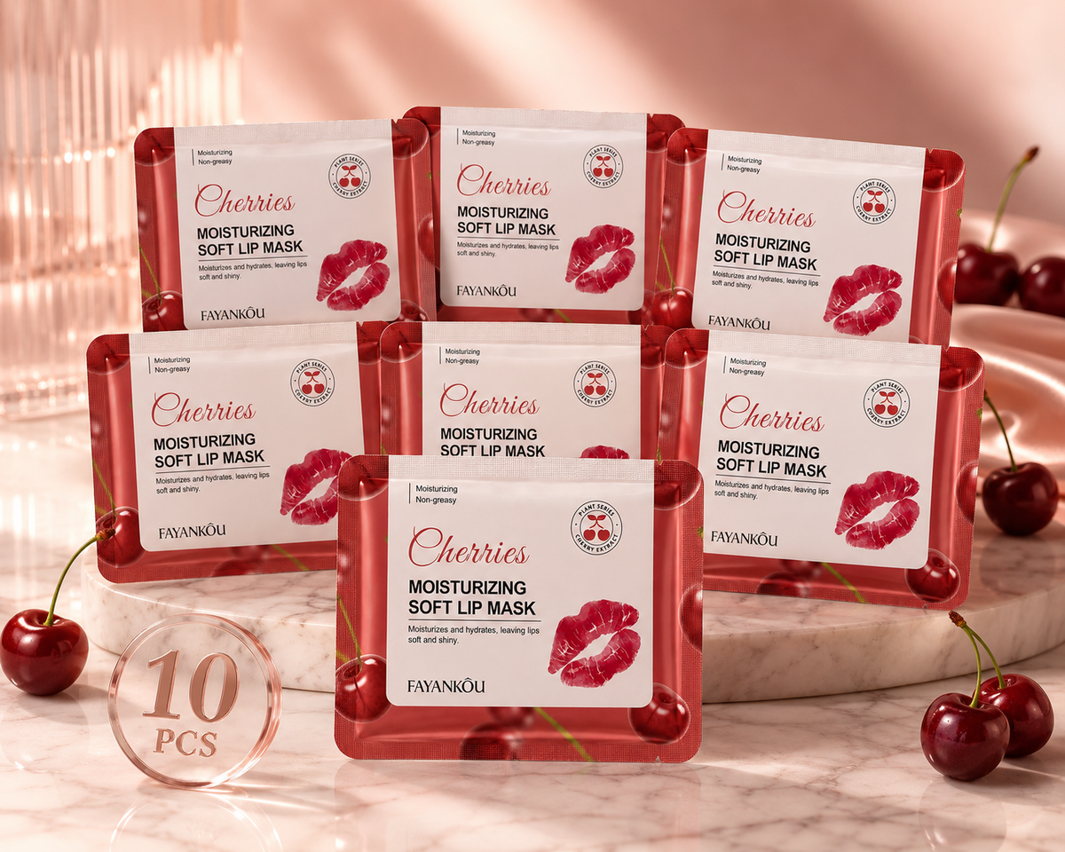 CherryKiss Cherry Lip Mask - 10-pack display on marble with cherries