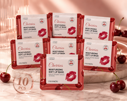 CherryKiss Cherry Lip Mask - 10-pack display on marble with cherries