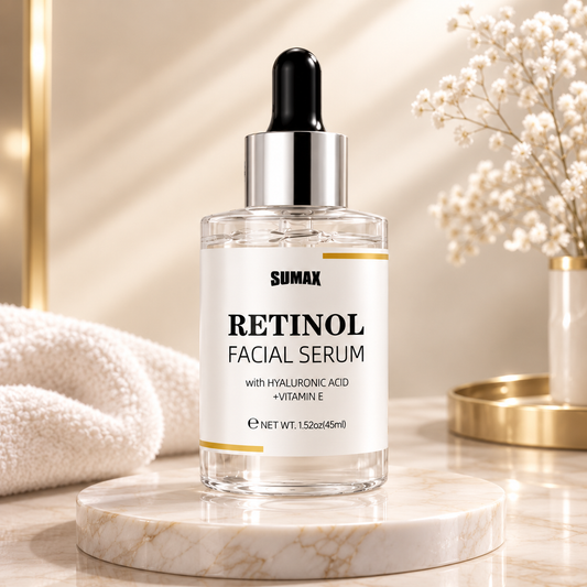 GlowCode Retinol Facial Serum - Hero bottle on marble with gold accents