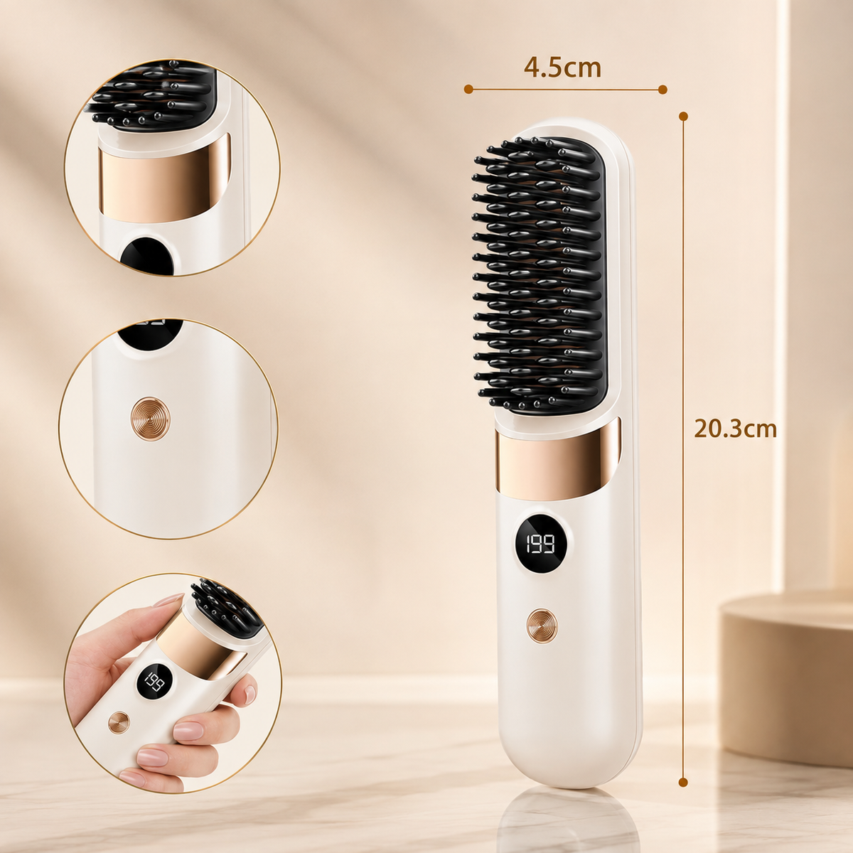 SilkBrush Cordless Ionic Hair Straightening Brush - Dimensions and Detail