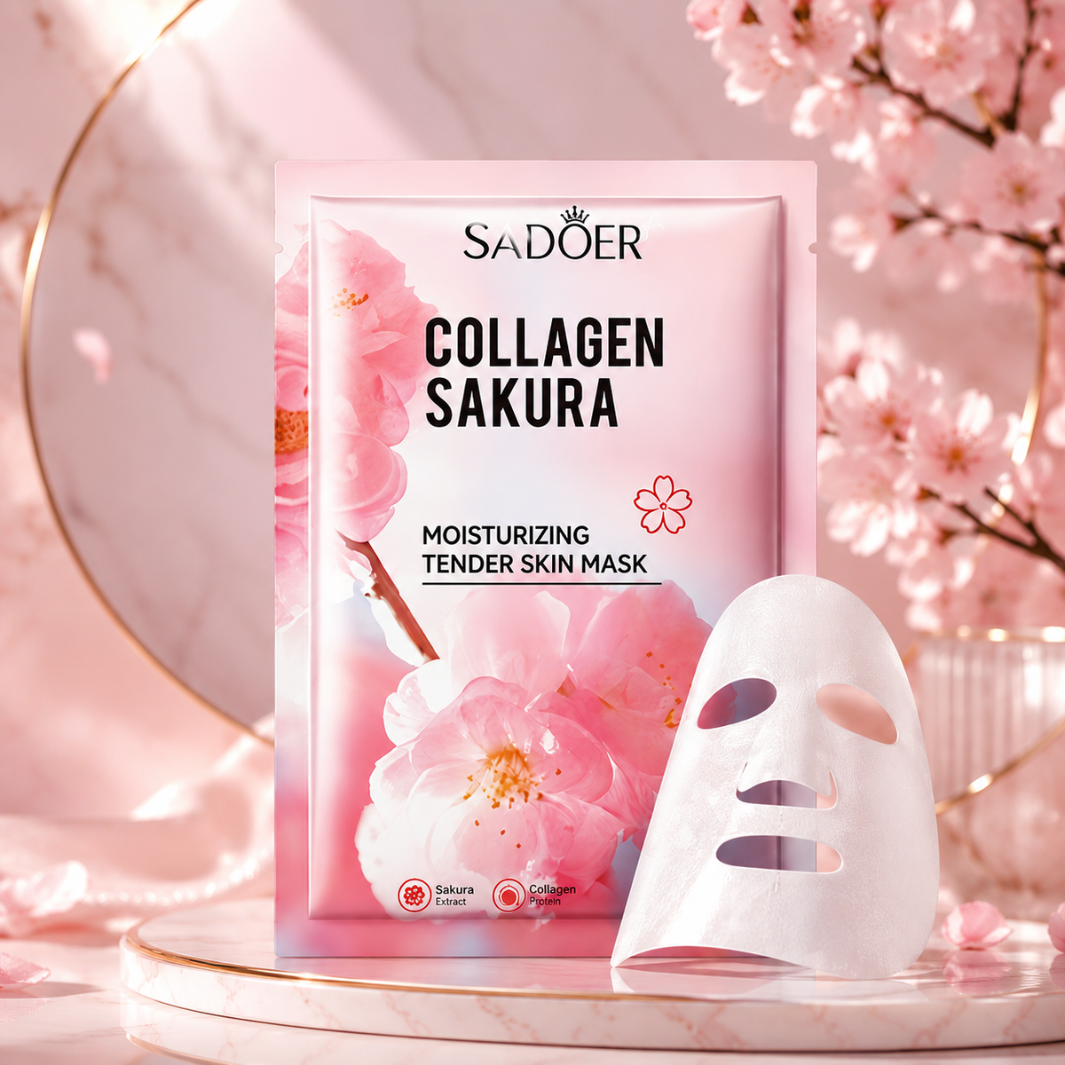 SakuraGlow Collagen Sheet Mask - Single sachet with cherry blossom backdrop