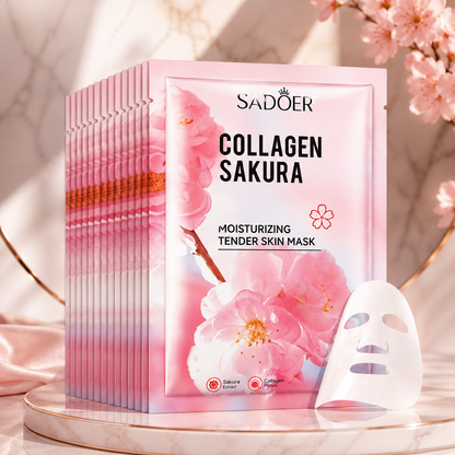 SakuraGlow Collagen Sheet Mask - 10-pack stack on marble