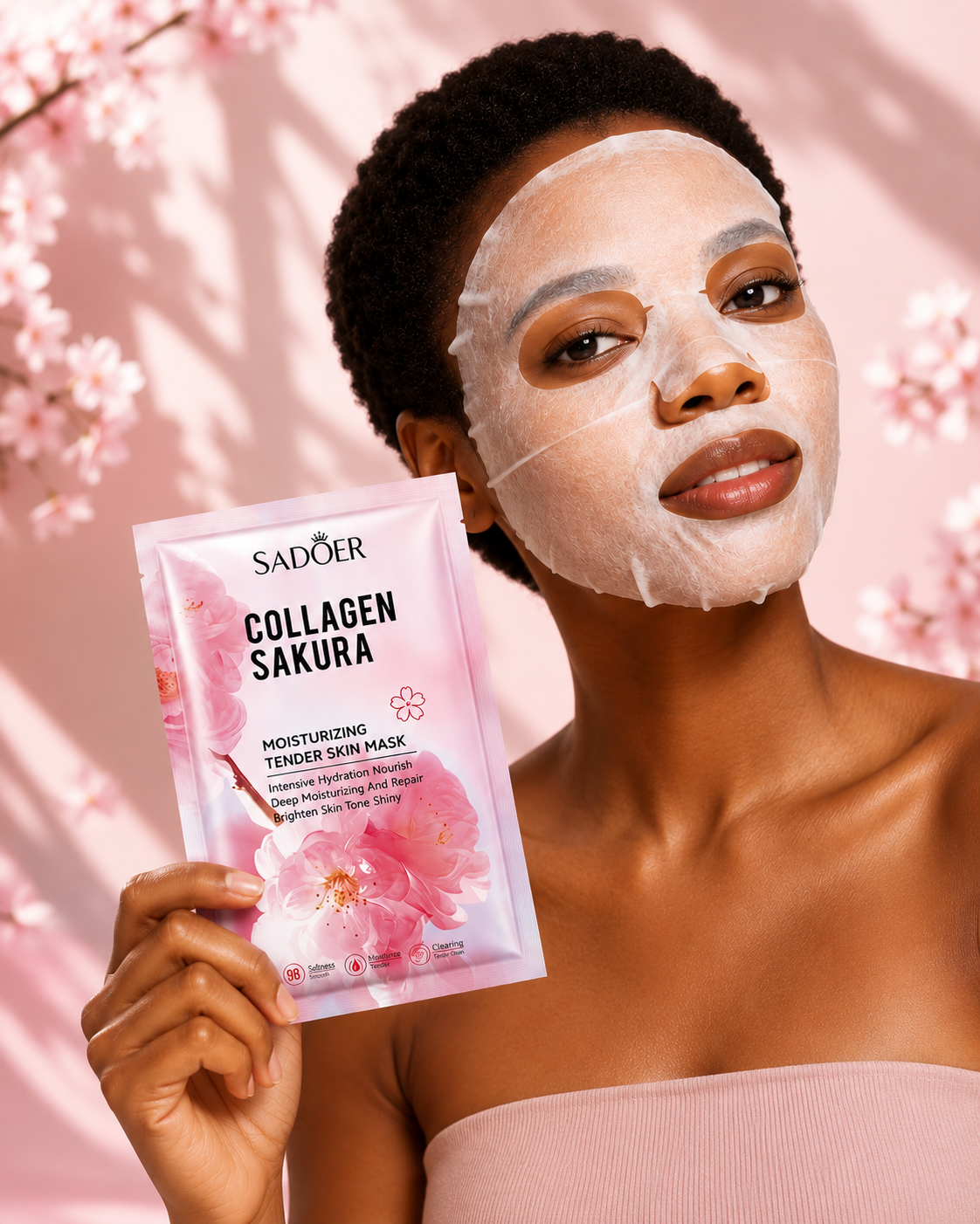 SakuraGlow Collagen Sheet Mask - Model wearing mask holding pack